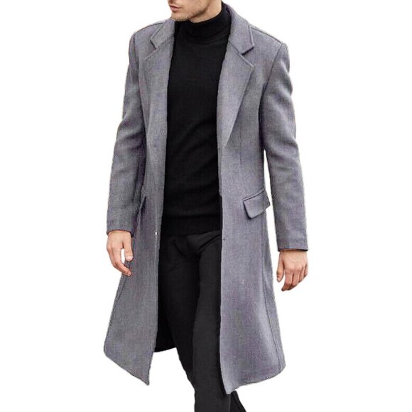 ✨Men Grey Casual Trench Coat Slim Fit Notched Collar Long Jacket Pea Overcoat